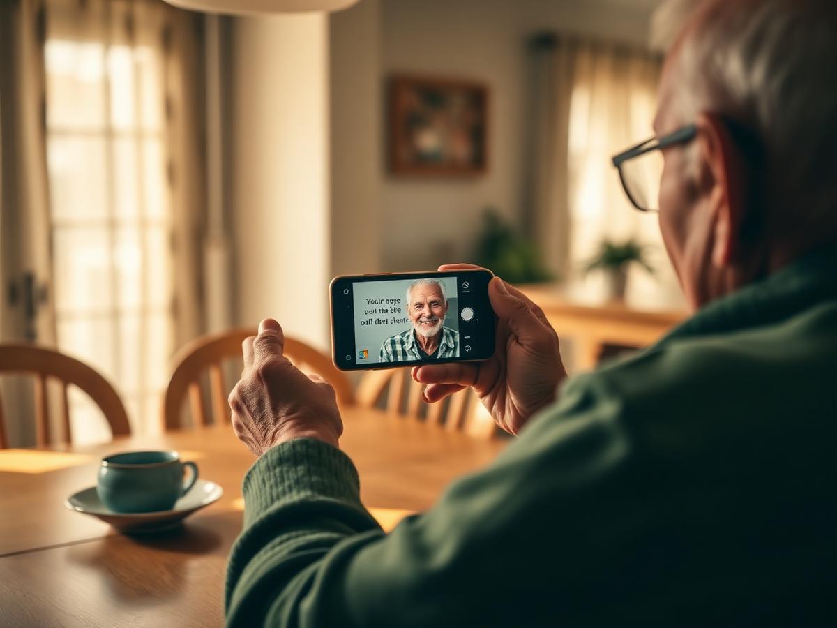 Isoisä tallentaa videoviestiä läheisilleen keittiön pöydän ääressä