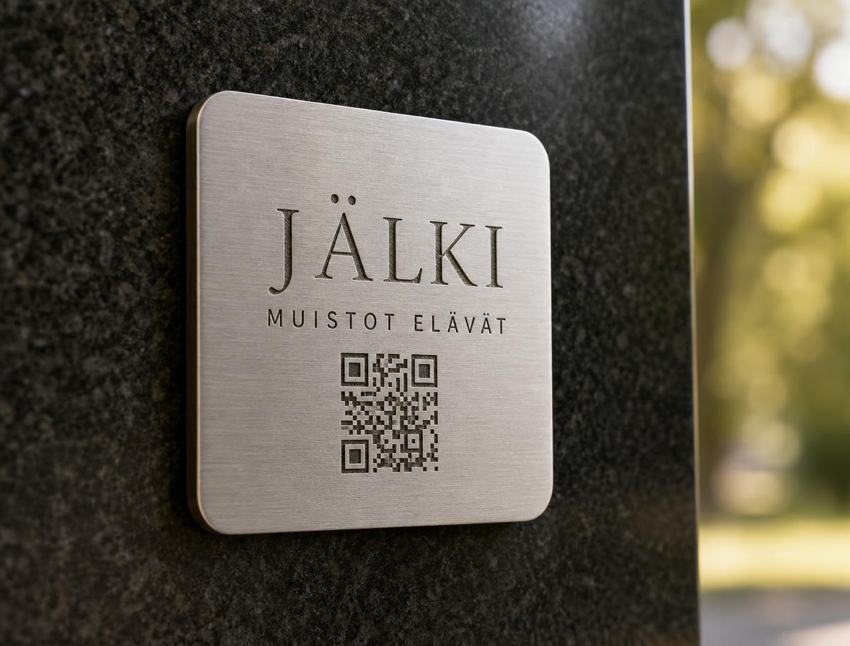 JÄLKI QR-laatta kiinnitettynä graniittiseen hautakiveen